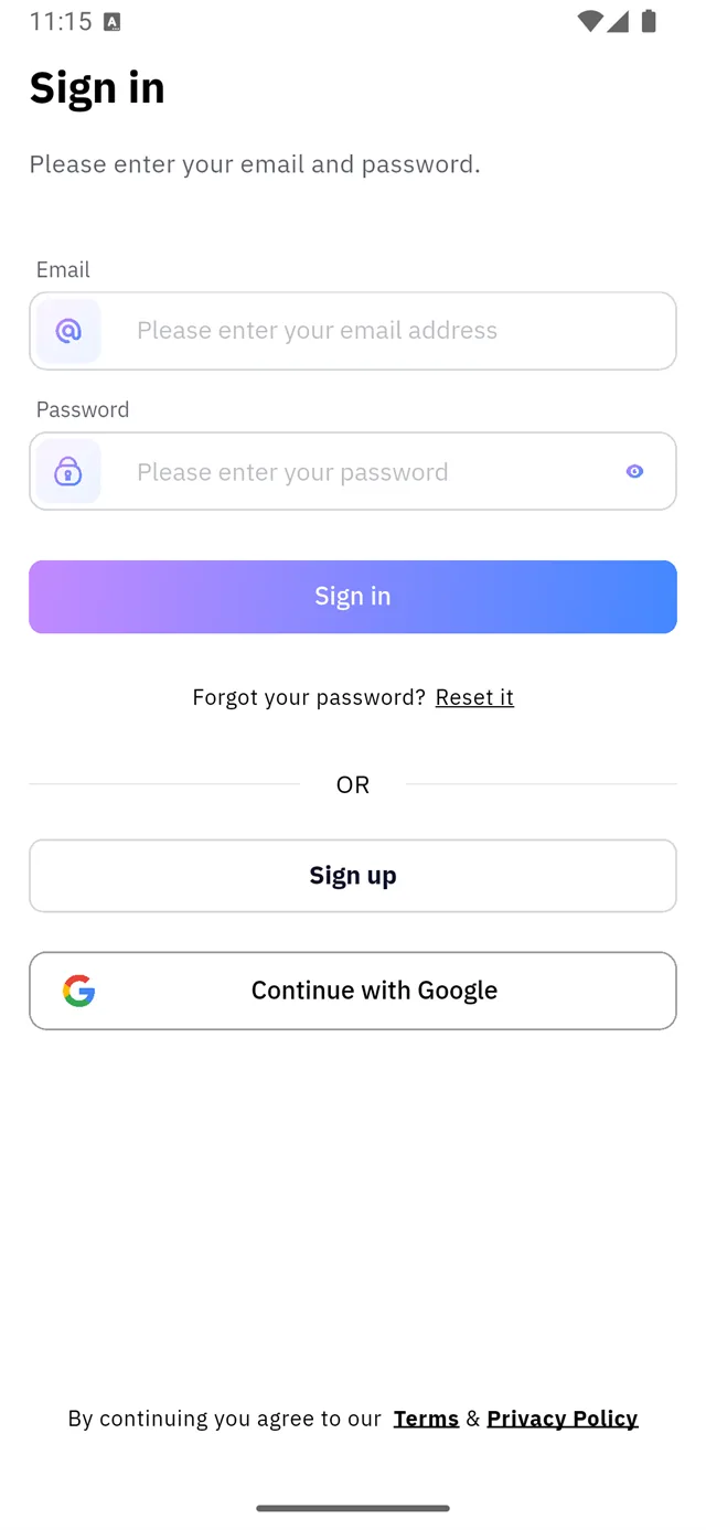 The Sign in screen