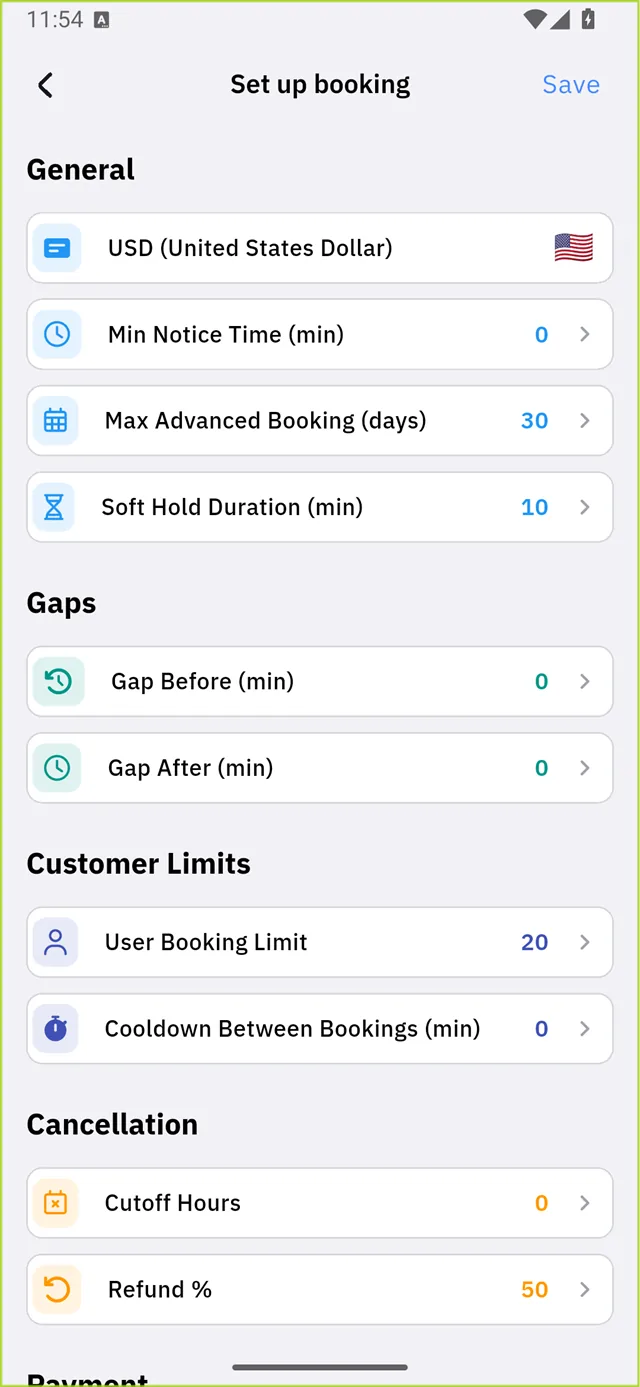 The booking configuration screen