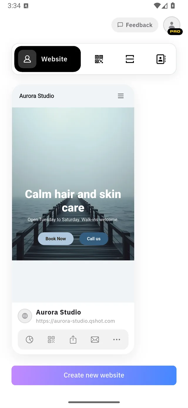 The home screen with a site