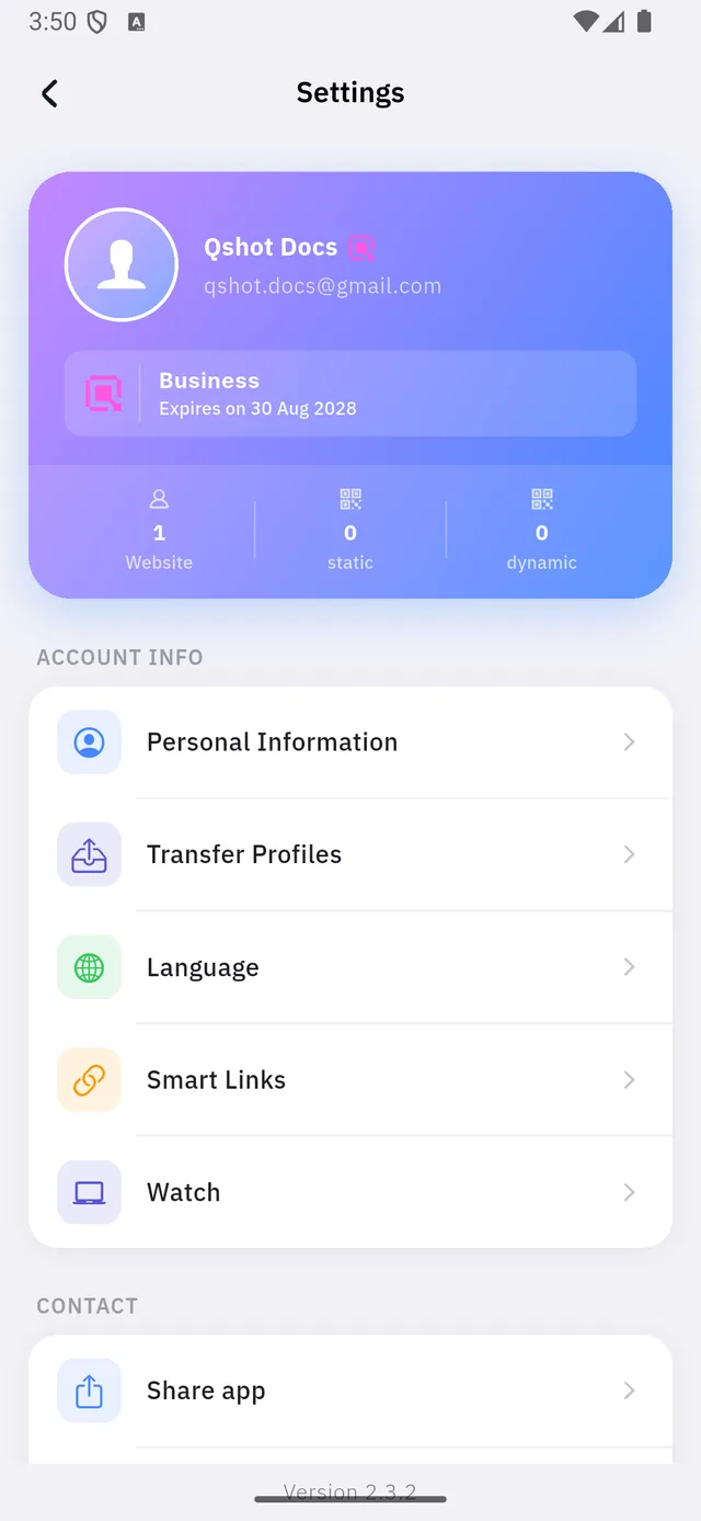 The Settings screen: plan card, counters, and the account list