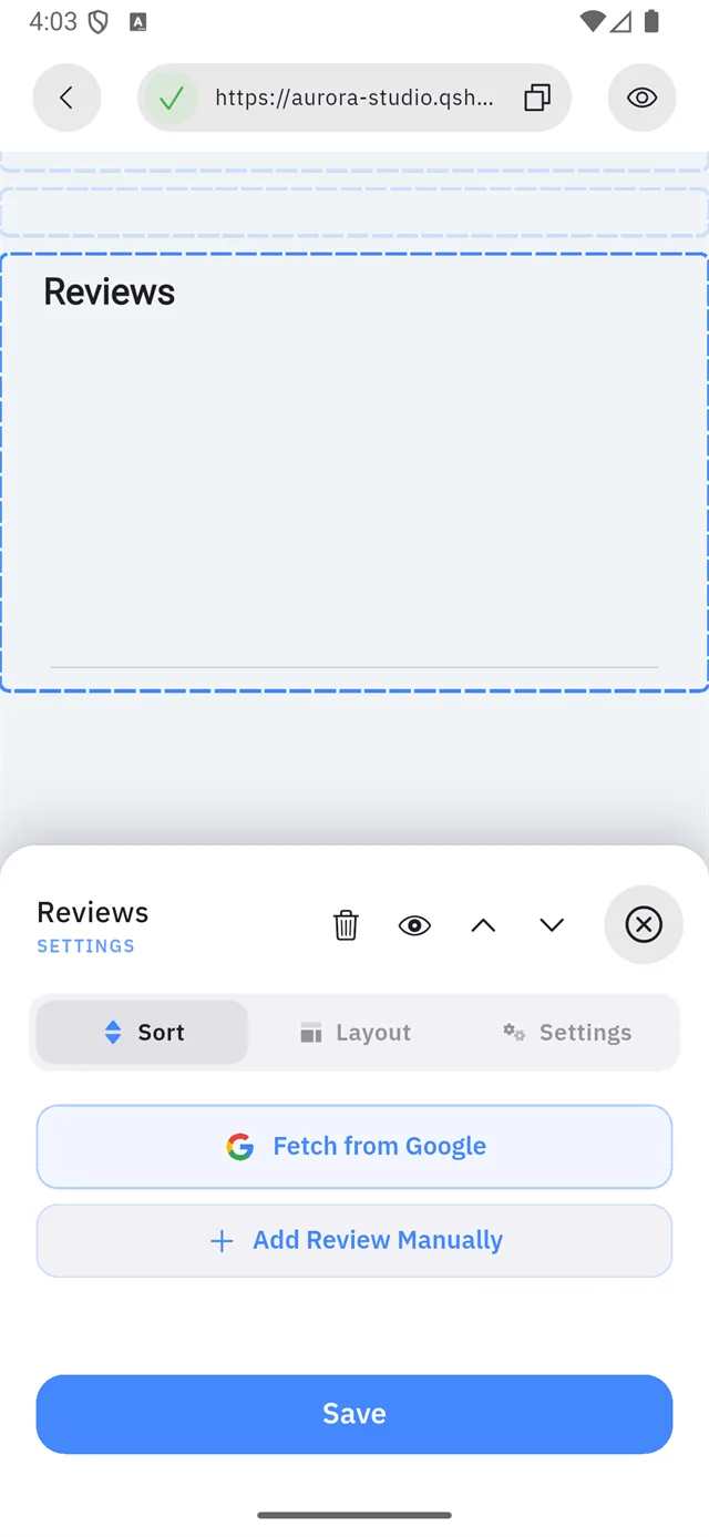 The Reviews block editor with its two add buttons
