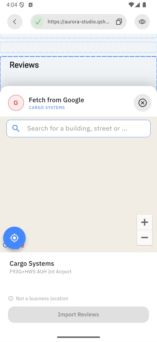 The Google reviews importer, showing a map with a business pin