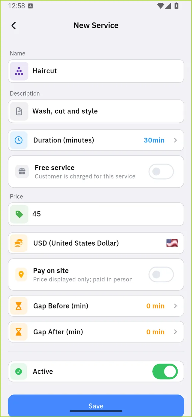 The service editor, the Free service switch marked 1