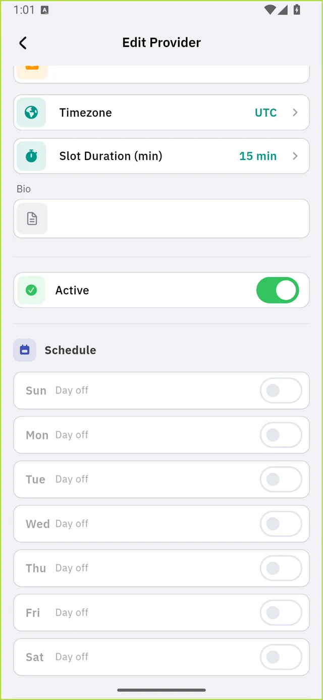 The provider schedule, the Sunday switch marked 1, every day off