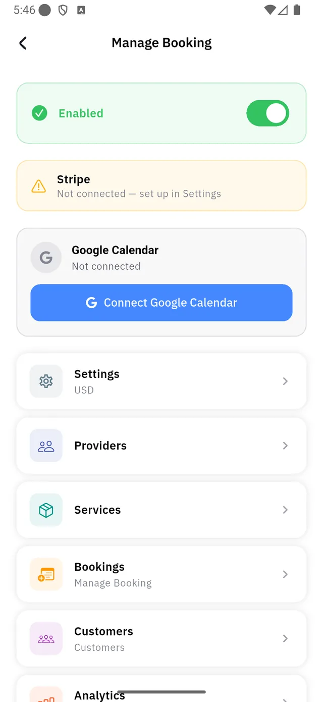 The dashboard with bookings Enabled and the Google Calendar card
