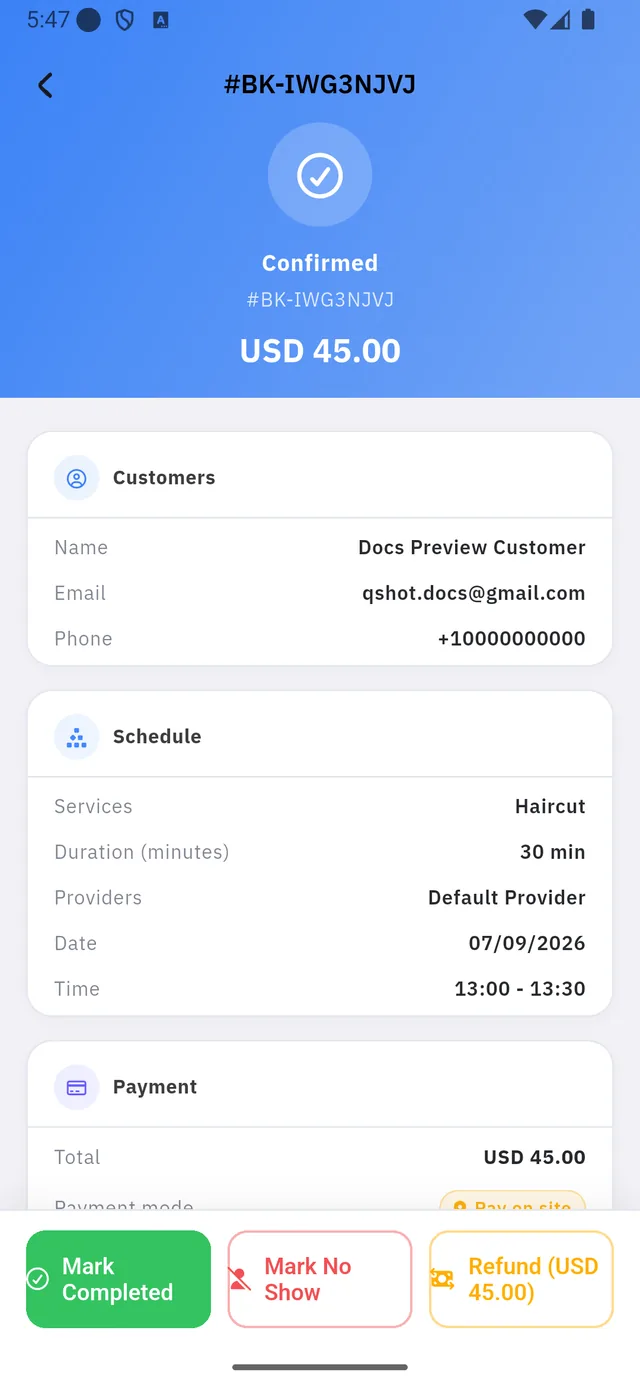 The booking detail: customer, schedule, payment, and three action buttons