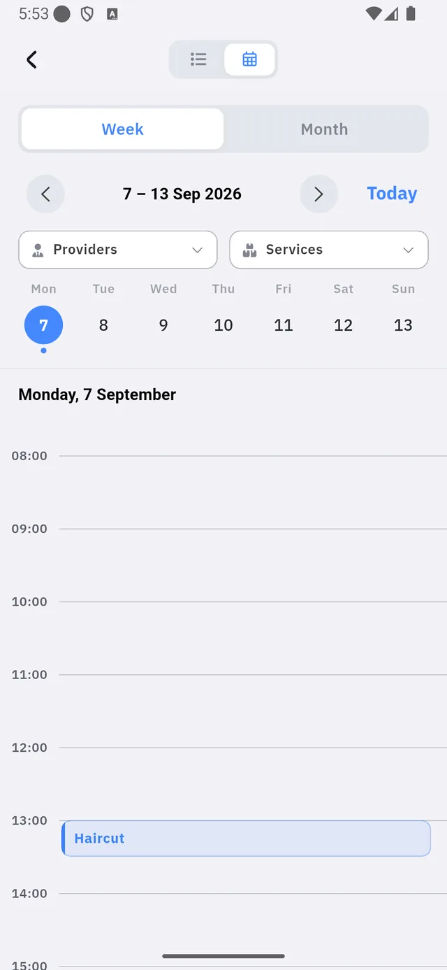 The week calendar with the Haircut booking on Monday at 13:00