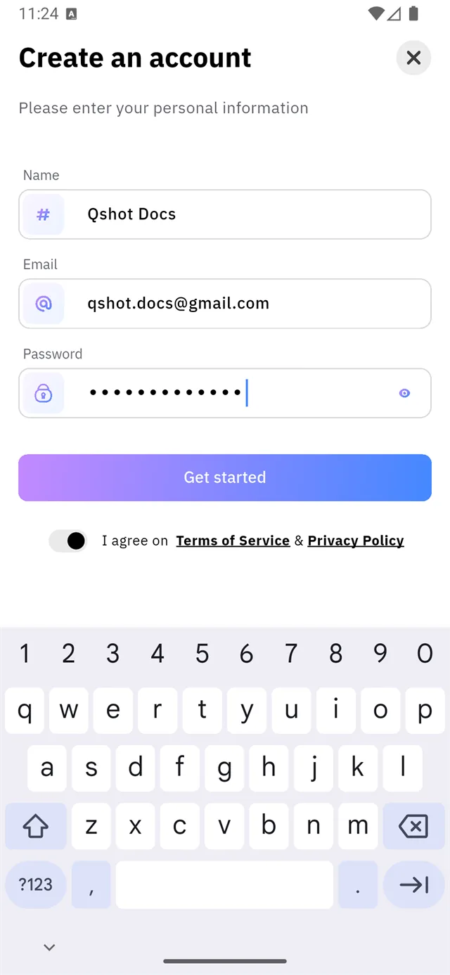 The sign-up form, the agreement toggle at the left of the row marked 1
