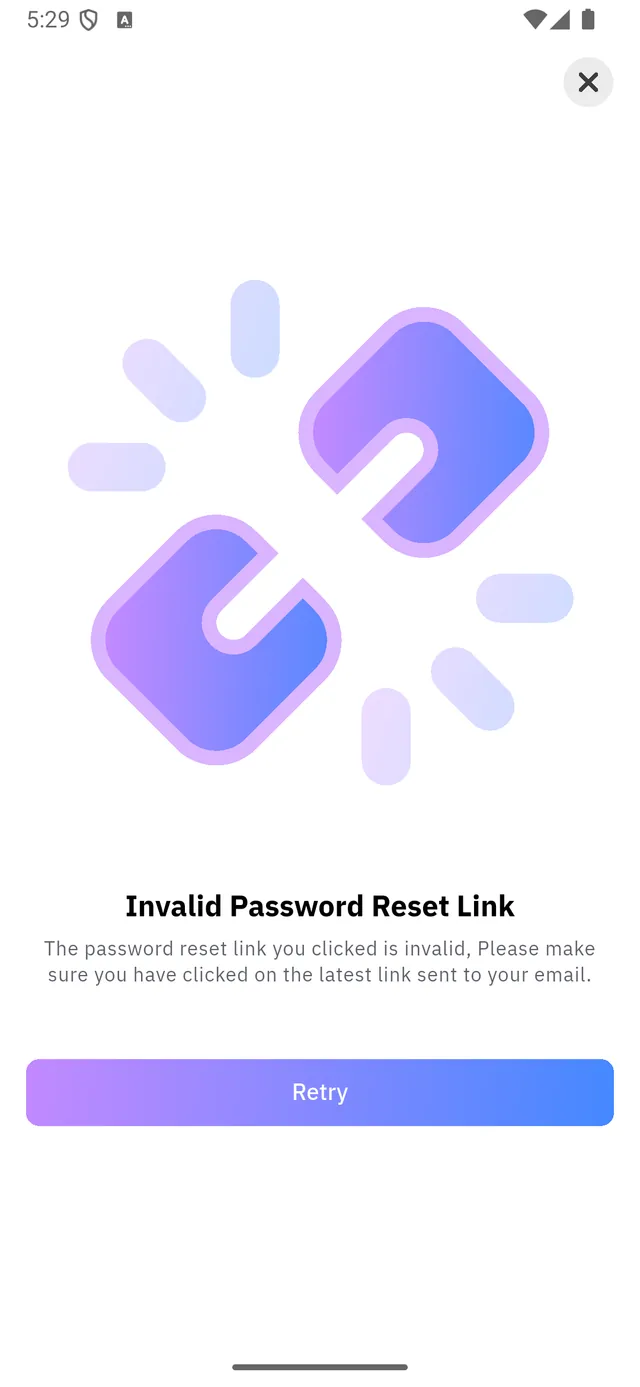 Invalid Password Reset Link, with a Retry button