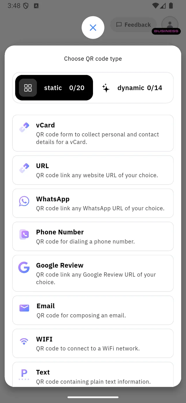Choose QR code type, with the static and dynamic counters