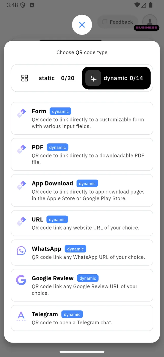 The dynamic QR types, each with a dynamic badge