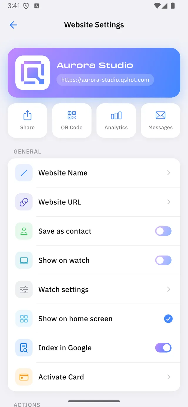 Website settings: the four large buttons and the General list