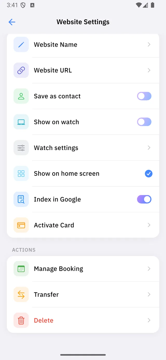 The ACTIONS section: Manage Booking, Transfer and Delete