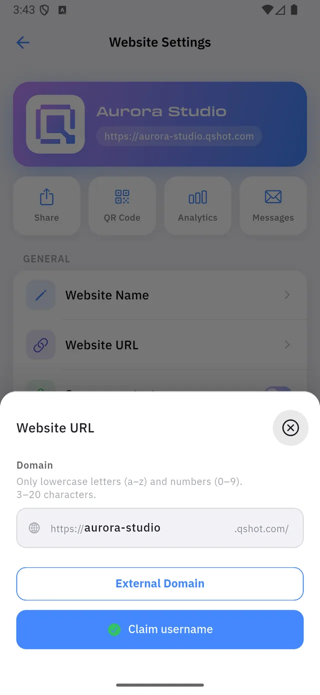 The Website URL sheet: the domain field, External Domain, Claim username