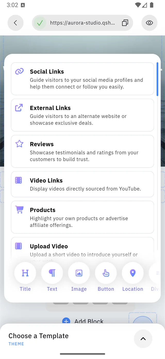 The block picker: the scrolling content list above, the layout row below